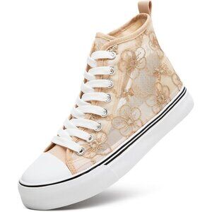 Women's High Top Sneakers With Embroidery Flower Casual Breathable Mesh Lace